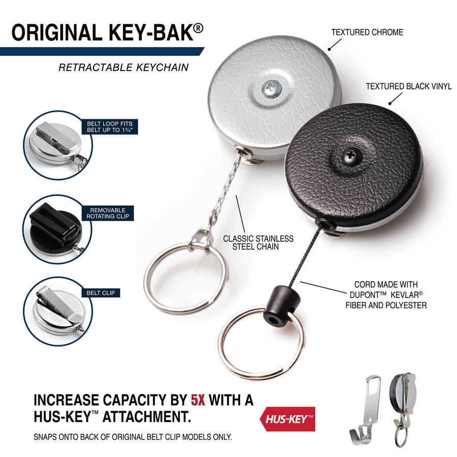 Key Chain Backing ORIGINAL Retractable Keychain in Vintage Chrome or Vinyl Black โ KEY-BAK