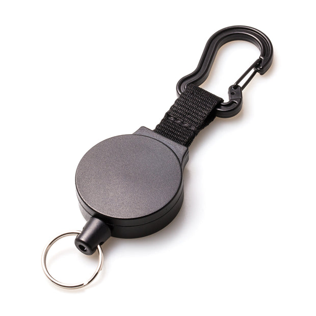 Carabiner Key Reel: 36 in Extended Lg, 6 oz Retraction Force, 1 3/4 in Case Dia, Polycarbonate, Black, Split Ring